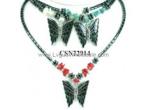 Assorted Colored Stone Beads Hematite Butterfly Pendant Choker Collar Fashion Necklace
